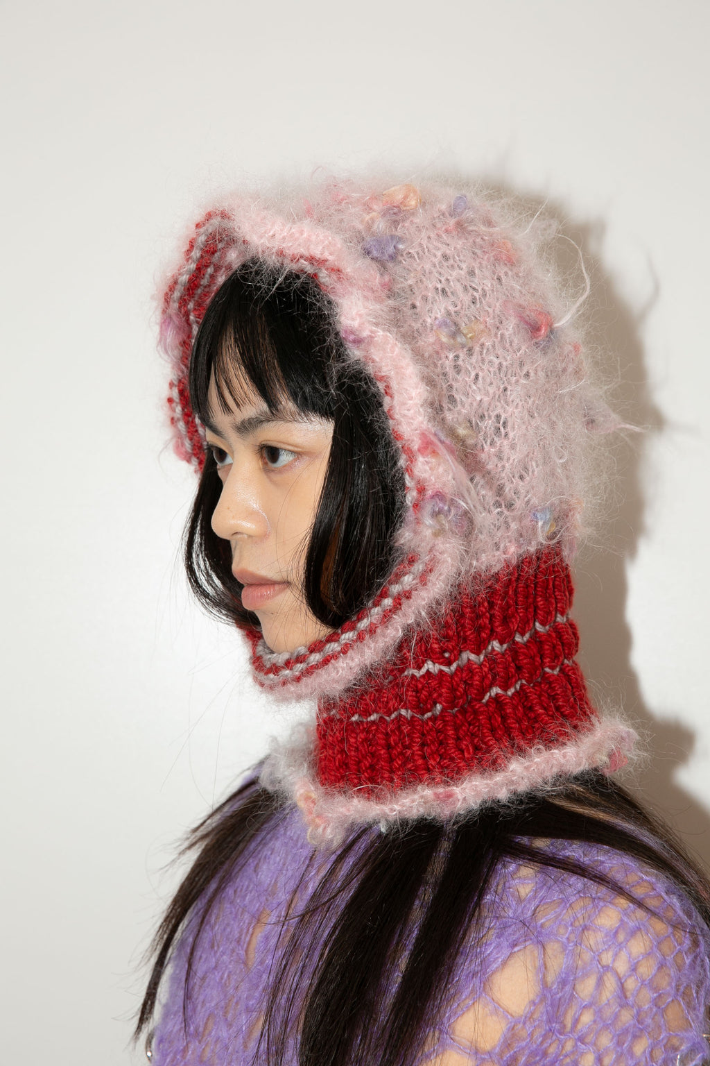BOBBLY BABY PINK, RED & LIGHT GREY HEAVYWEIGHT FRILL BALACLAVA